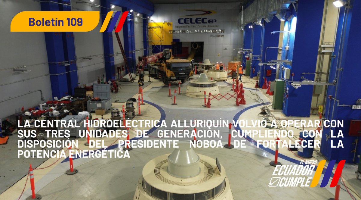 EcuadorMAE's tweet photo. 📌[BOLETÍN DE PRENSA]

🔹La Central Hidroeléctrica Alluriquín volvió a operar con sus tres unidades de generación, luego de que concluyó el primer mantenimiento anual preventivo. Esta hidroeléctrica aporta con de 204 MW.

🔸Más detalles▶️ https://t.co/O3SEs5hxRb

#ElNuevoEcuador https://t.co/nj7ZBhh8rB