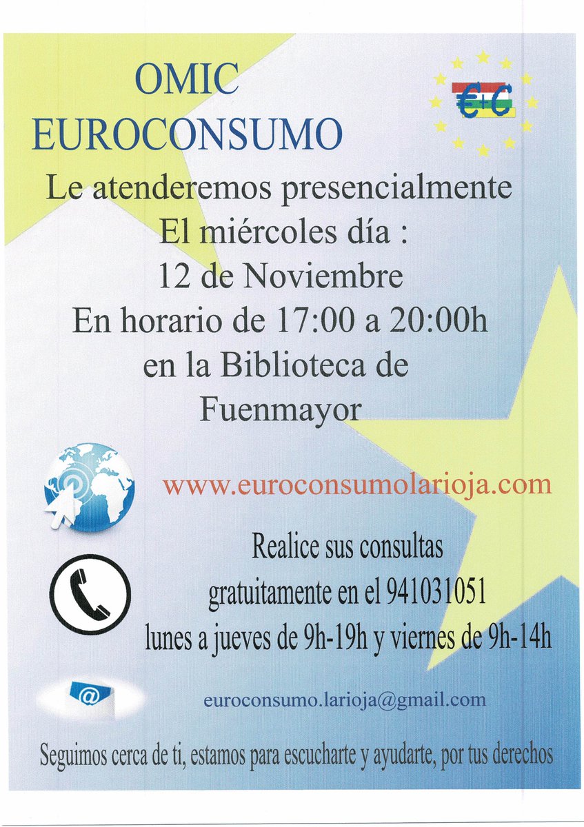 MAÑANA EN LA CASA DE CULTURA, OFICINA DE ATENCIÓN AL CONSUMIDOR
 
Este miércoles 26 de febrero vuelve a ofrecerte sus servicios la Oficina Municipal de Información al Consumidor que atenderá tus consultas en la Casa de Cultura de 17 a 20 horas.