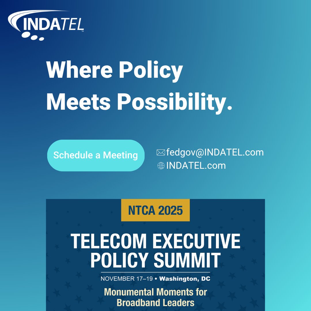 Innovation doesn't wait - and neither do we.

Join INDATEL at the <a href="/NTCAconnect/">NTCA-The Rural Broadband Association</a> Telecom Executive Policy Summit as rural voices shape national policy.

Schedule time with our team in DC 👉 fedgov@indatel.com 

#NTCA #BroadbandForAll #ConnectingAmerica #ReachTheUnreachable #INDATEL