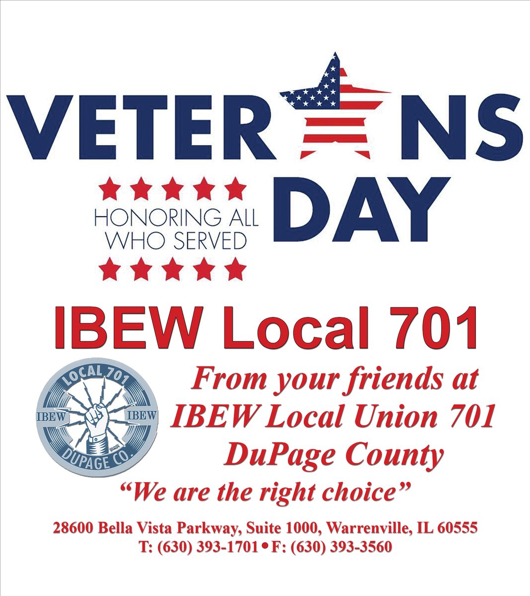 From every job site, office, and Union hall — the Warrenville-based <a href="/IBEW/">IBEW</a> Local 701 thanks Veterans who’ve given so much to this nation.
#UnionStrong #Solidarity #LaborNews #VeteransDay