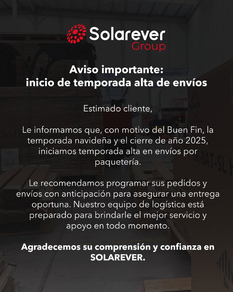 Atención, Clientes y Aliados!

Estamos por entrar a la Temporada Alta de Envíos (Buen Fin, Navidad y Fin de Año).

Nuestro equipo de Logística está preparado para brindarle el mejor servicio. ¡Anticipemos juntos cualquier inconveniente!