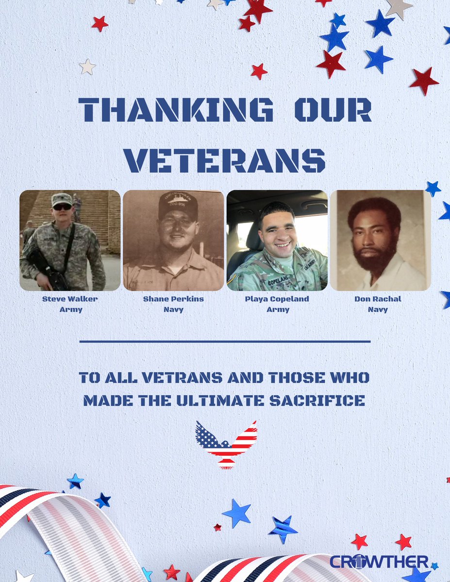 On Veterans Day, we honor all who served with courage. A special thank you to the Veterans of Crowther — your strength inspires us! 
#VeteransDay #ThankYouVeterans #CrowtherStrong #HonorAndRespect
Check us out👉thecrowthergroup.com/about/