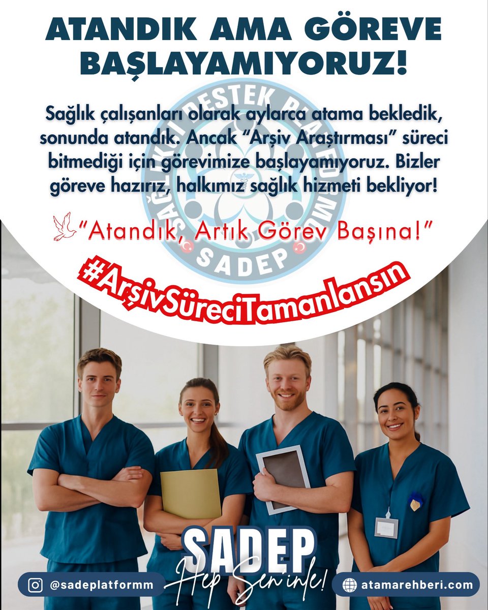 ATANDIK AMA GÖREVE BAŞLAYAMIYORUZ!

Sağlık çalışanları olarak aylarca atama bekledik, sonunda atandık. Ancak “Arşiv Araştırması” süreci bitmediği için görevimize başlayamıyoruz. Bizler göreve hazırız, halkımız sağlık hizmeti bekliyor!

”Atandık, Artık Görev Başına!”
