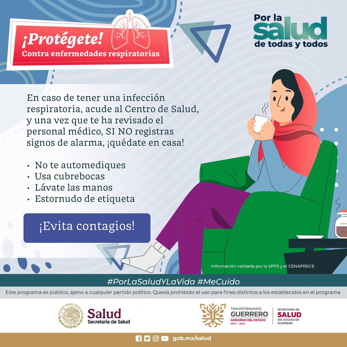Protégete contra #EnfermedadesRespiratorias🫁
 
 Recuerda que las enfermedades respiratorias pueden contagiarse con facilidad, evita su propagación
 
 #PorLaSaludYLaVida #Mecuido