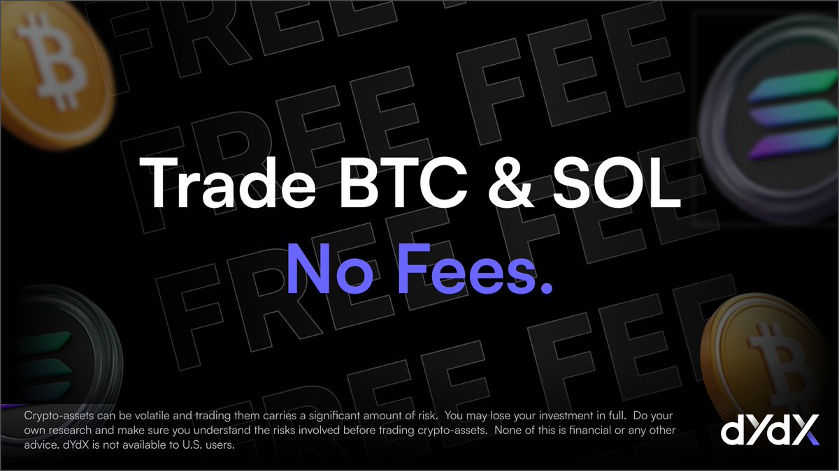 Zero fees. Real rewards. $BTC & $SOL perps are now trading fee-free on dYdX,  with up to $250k in weekly rewards through November. Powered by governance,  designed for traders 🤝