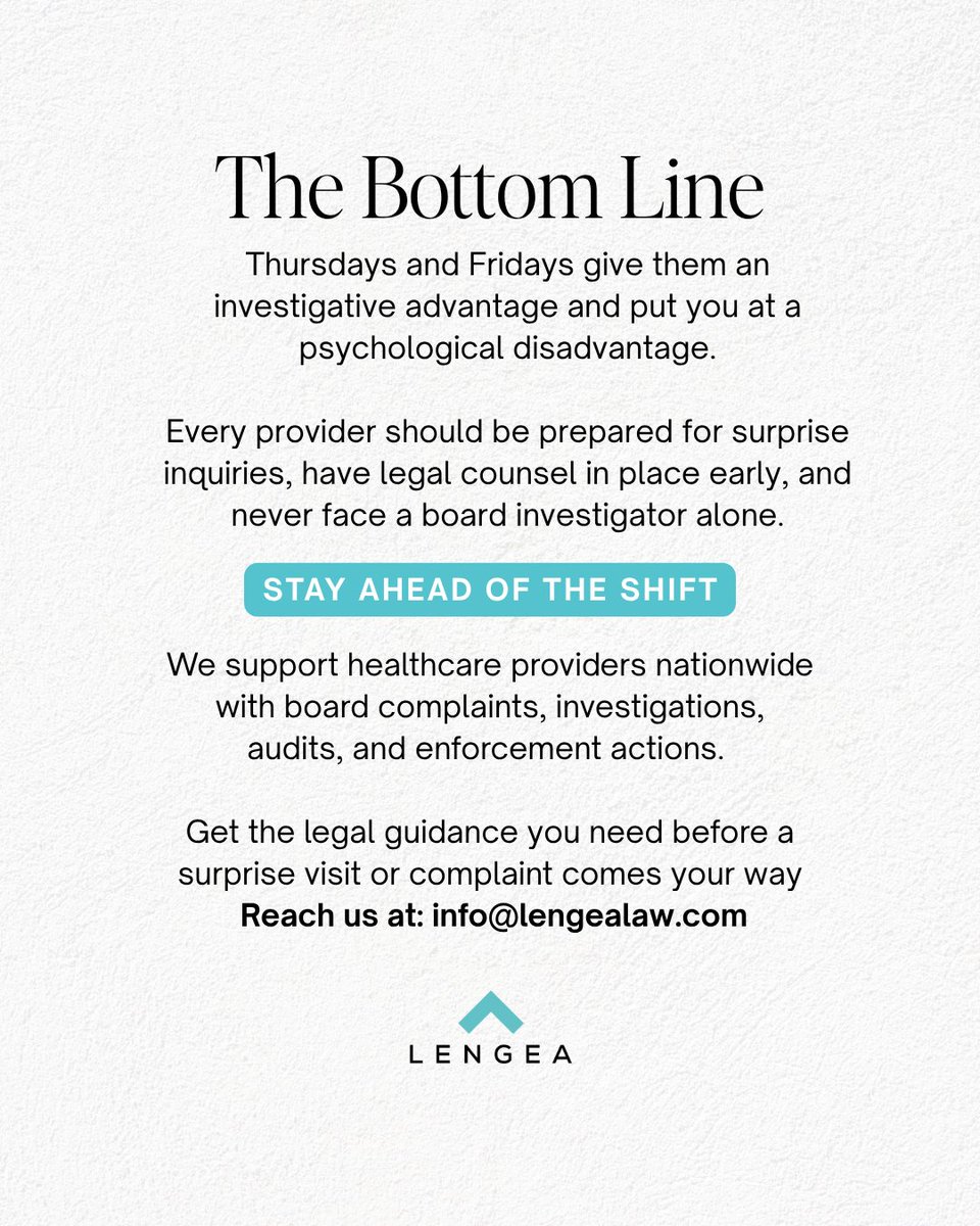 Ever notice nursing board investigations tend to happen late in the week? It’s not random, it’s strategic.
Be ready before it happens: get counsel, train your team, and never face a board investigator alone.

🔗 lengealaw.com/why-do-nursing…

#NursingLaw #HealthcareCompliance