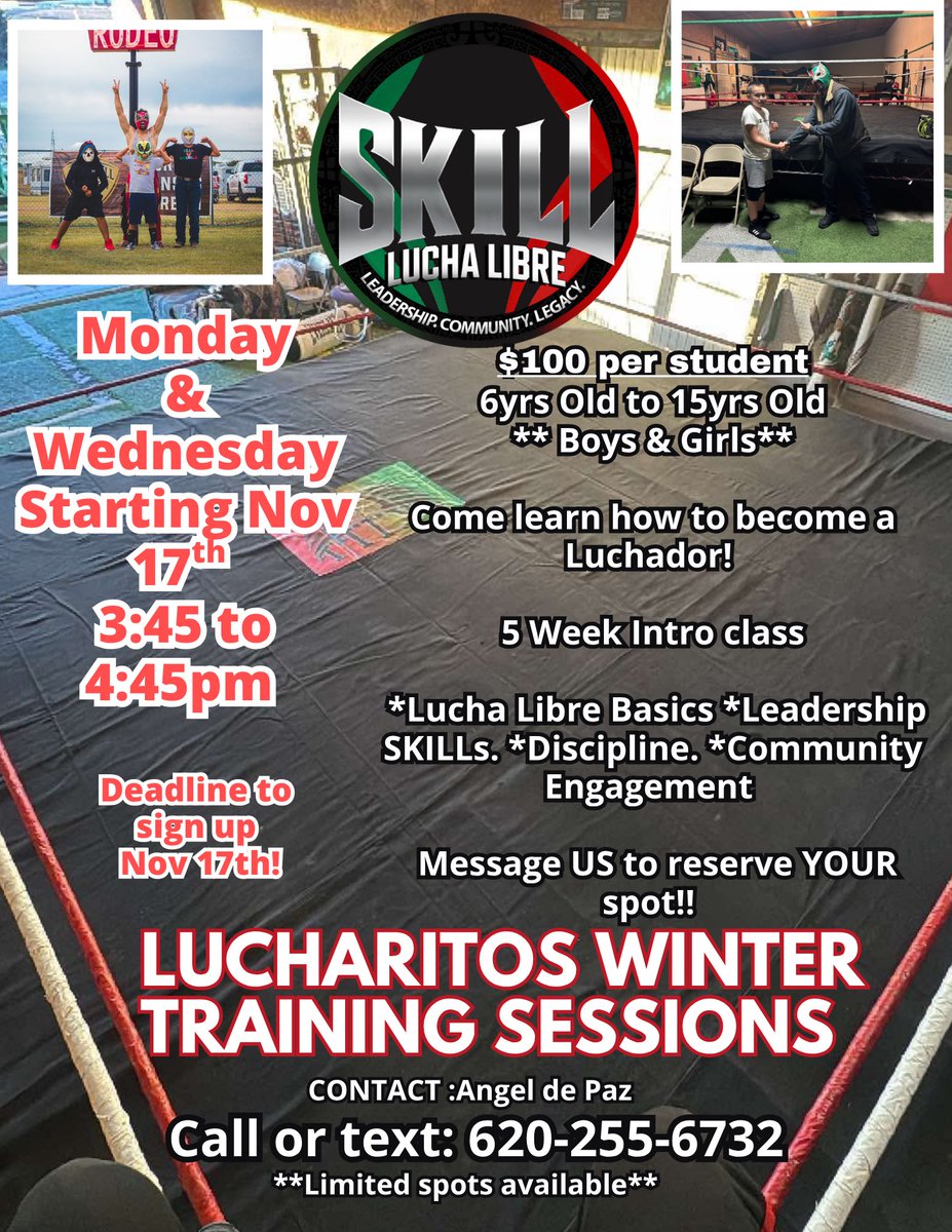 SkillProLucha's tweet photo. Now offering a 5 week Lucha skills class for ages 5yrs Old to 15yrs Old and Will Have our next 16+ tryout date Thanksgiving weekend!! 
#dodgecityks #swks #LuchaLibre #DodgeCityKansas #fordcounty https://t.co/McTzOHwa4f