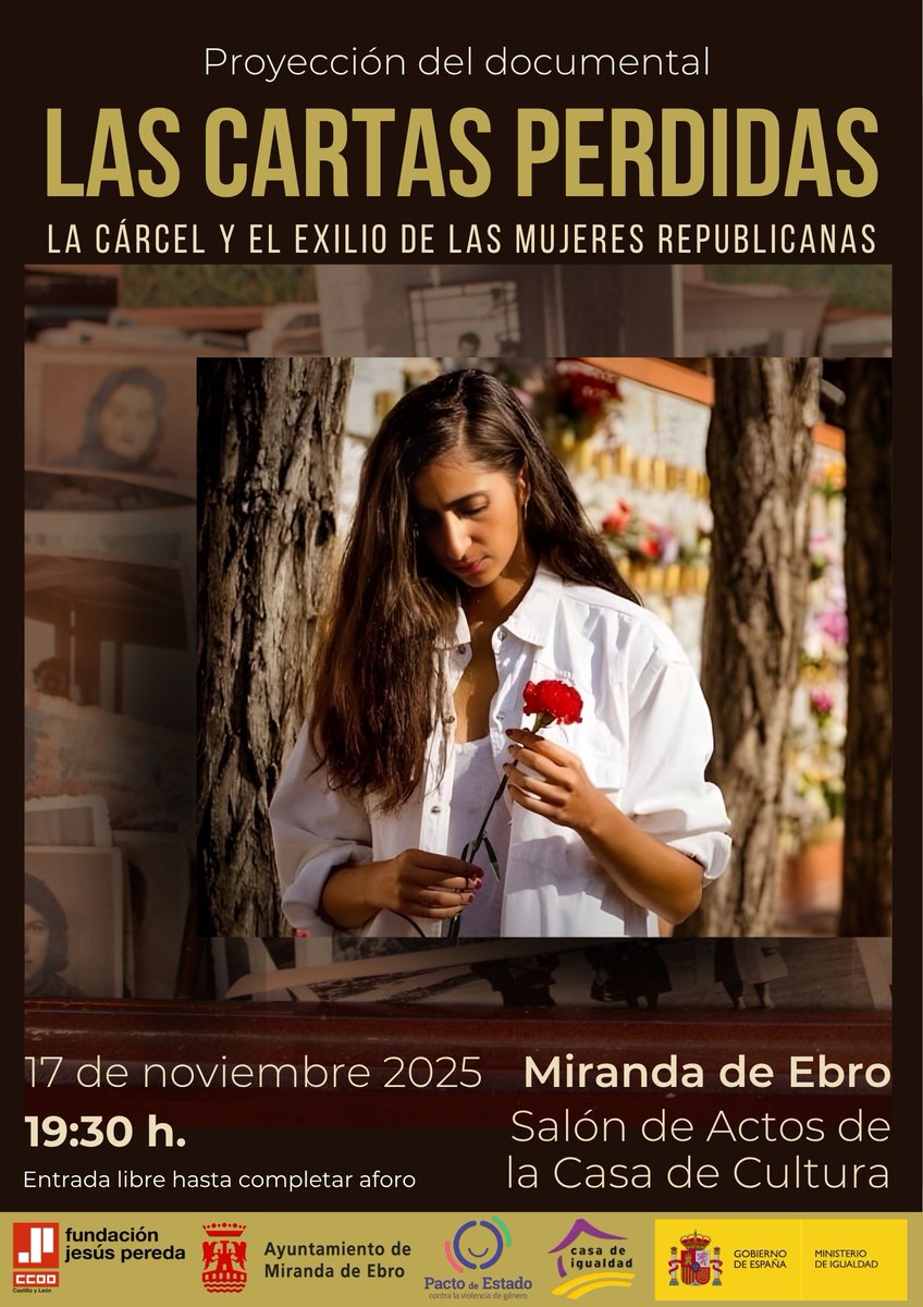 En colaboración con el Ayto. de Miranda de Ebro, podremos ver "Las cartas perdidas". Una obra imprescindible de <a href="/AmparoCliment/">Amparo Climent</a>  sobre nuestra historia reciente y las violencias sobre las mujeres.
Nos acompañará Pilar Sancho, productora y ganadora de un Goya por "Semillas de Kivu"