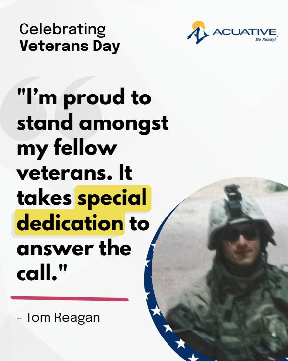 This Veterans Day, we're proud to spotlight our own Tom Reagan, GCC Supervisor, who served in the U.S. Marine Corps Reserve from 2000 to 2006. 🇺🇸Thank you to all veterans for your service and commitment. acuative.com/blog/veterans-… #ThankYouVeterans #Acuative