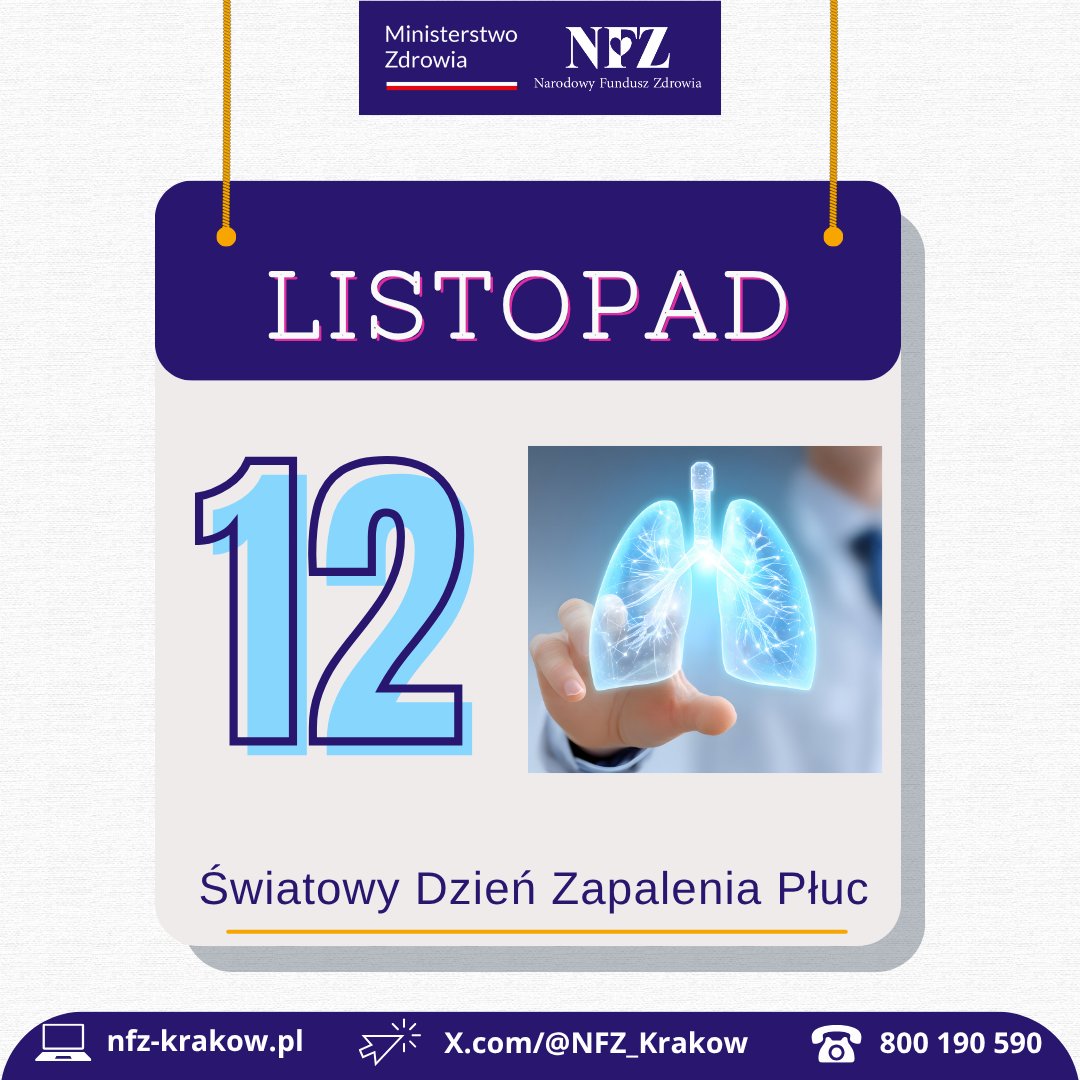 NFZ_Krakow's tweet image. 📆 12 listopada | Światowy Dzień Zapalenia Płuc

Zapalenie  🫁 może być jednym z groźnych powikłań #grypa.

Ogranicz ryzyko 👉 zaszczep się!

Dla zdrowia 🫁:
korzystaj ze 💉 ochronnych,
często myj ręce,
dbaj o zdrowy styl życia,
🚭.