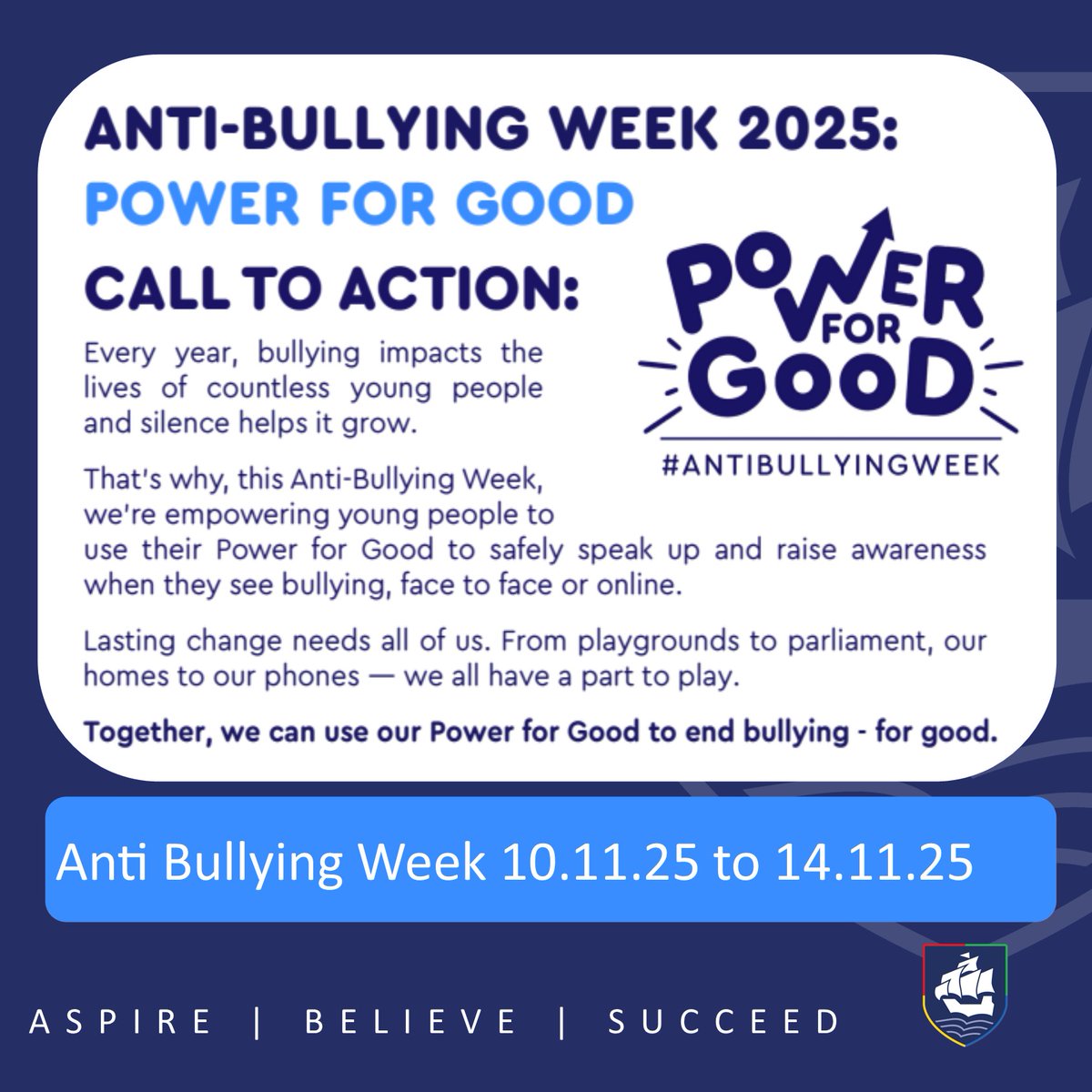 This week is Anti-Bullying week. The challenge today, and moving forward, is to use your power for good. Whether you’re supporting a friend, standing up for someone who is being bullied, or reporting bullying when you see it, you have the power to make a difference.  💙🩵💙