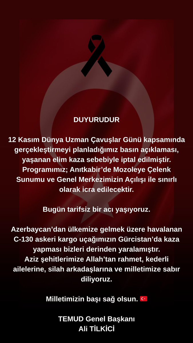 DUYURUDUR

12 Kasım Dünya Uzman Çavuşlar Günü kapsamında gerçekleştirmeyi planladığımız basın açıklaması, yaşanan elim kaza sebebiyle iptal edilmiştir.
Programımız; Anıtkabir’de Mozoleye Çelenk Sunumu ve Genel Merkezimizin Açılışı ile sınırlı olarak icra edilecektir.

Bugün