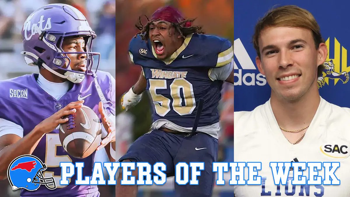 🏆 NC college football players of the week! 🏆

🚀Taron Dickens (WCU): 7 TD passes!
💪Elihu Lipscomb (Wingate): 2 scoop-and-score TDs
⚡️Lon Teachey (Mars Hill): 16 kicker points, 52-yd FG

Check 1st reply for link to story and honorable mention picks