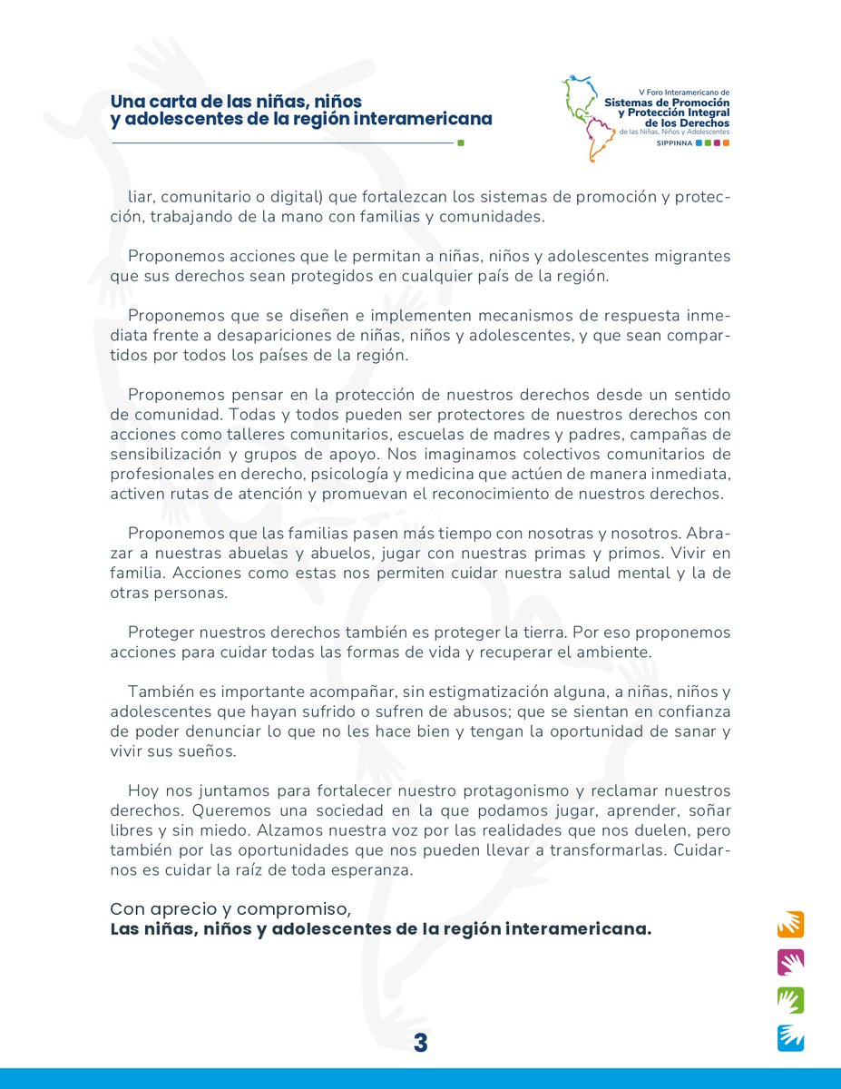 ¡No es un favor, son nuestros derechos!

Compartimos la Carta elaborada por NNA en el marco del V Foro Interamericano, liderado por el <a href="/ICBFColombia/">Bienestar Familiar | ICBF</a>.

En ella expresan sus reflexiones y propuestas, exigiendo respeto y protección plena de sus derechos. #ProtecciónYA
