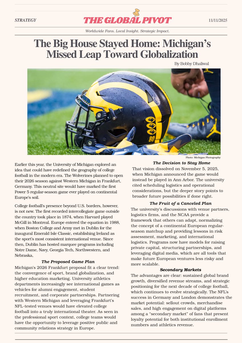 sprtbobby's tweet photo. Michigan’s 2026 Frankfurt game got canceled; however, the potential is real.

Power 5 programs can learn from the NFL's blueprint: international exposure, fan growth, merch sales, and more.

Have a look!

#CollegeFootball #Power5 https://t.co/wCByth5J5y