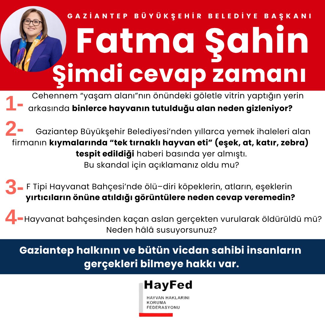 Gaziantep Büyükşehir Belediye Başkanı Fatma Şahin,
Şimdi cevap zamanı!
Gaziantep halkının ve bütün vicdan sahibi insanların gerçekleri bilmeye hakkı var.
➡️1-) Eylül ayında barınakta öldürülen köpeklerin çöp torbalarına konup hayvanat bahçesine taşındığı görüntüler ortaya çıktı.