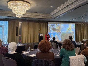 First image shows a male speaker in a suit standing at a podium in a modern conference room with yellow lighting and beige walls addressing an audience with a large screen displaying a welcome slide for eTwinning Central Support Service event on educational technologies. Second image depicts a female presenter in white blouse leading a roundtable discussion with diverse group of women including some wearing headscarves seated around a table with water bottles notebooks and a screen showing colorful graphics in a brightly lit room with large windows. Third image captures a panel discussion with four participants including women and men in professional attire seated on chairs facing a screen with purple-themed slide titled Leadership for Change what does it mean today featuring a lightbulb icon in an elegant room with gold curtains and chandeliers. Fourth image illustrates a female speaker in red top presenting near a projector screen displaying video footage of children with a diverse audience of adults some in headscarves seated at round tables with water bottles in a formal conference hall with beige curtains and wooden podium.
