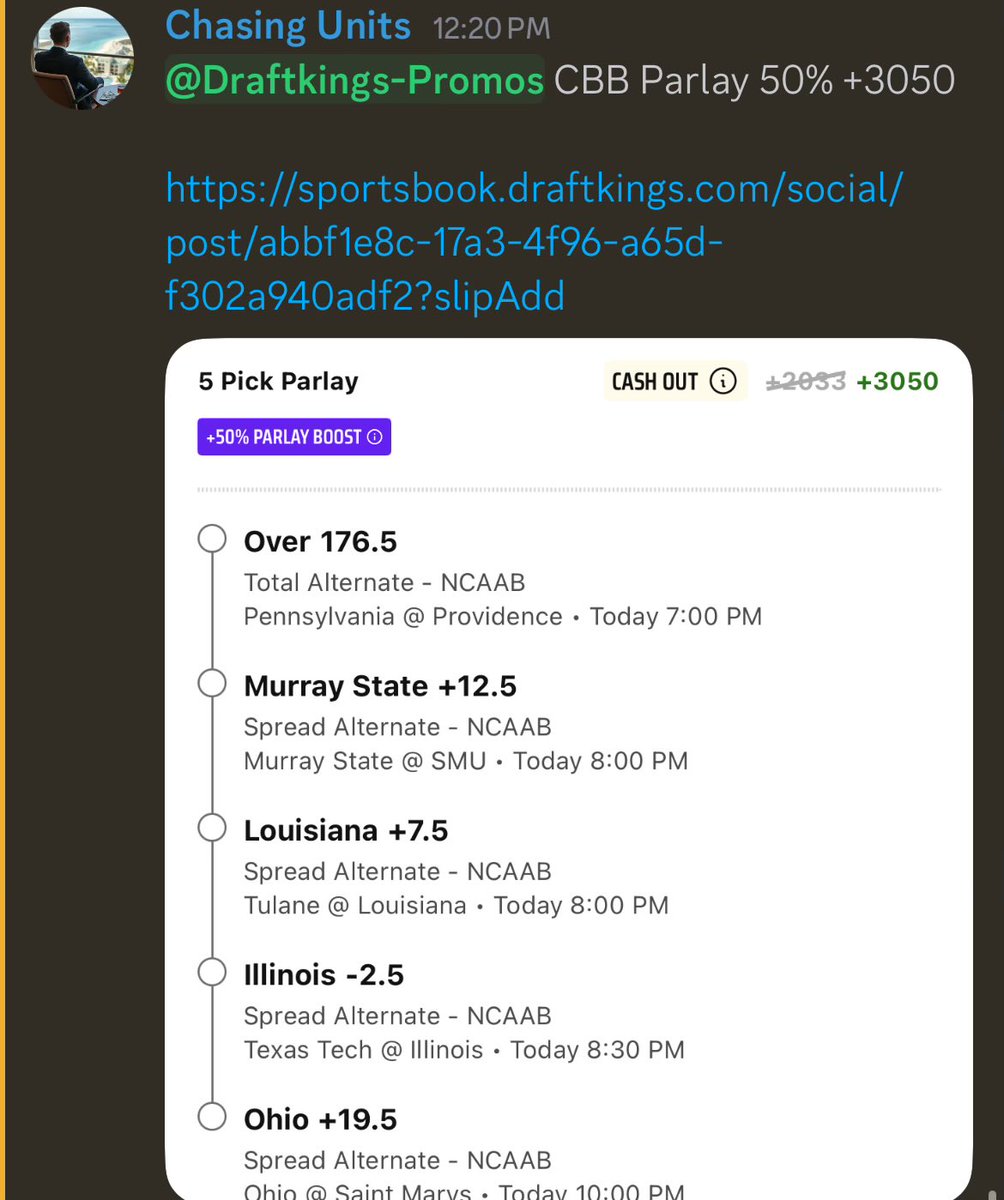 ChasingUnits_'s tweet image. DraftKings CBB 50% +3050

Opted for the parlay to increase the EV

FV: +1911
EV%: 56.6%
QK: .46u