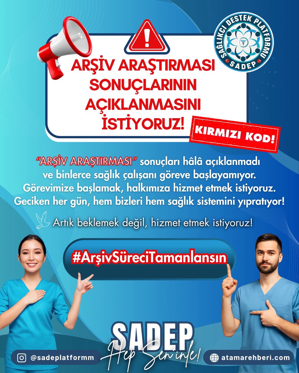 Ataması gerçekleşmesine rağmen arşiv araştırması halen nihayete erdirilmeyen binlerce genç mağdur edilmektedir. 

Klinikler acil istihdam diye kan ağlarken beklemenin bir anlamı yoktur. 

Süreç ivedilikle tamamlanmalıdır.

#ArşivSüreciTamamlansın <a href="/hepsen_2020/">HEP-SEN</a> <a href="/sadeplatformm/">SAĞLIKÇI DESTEK PLATFORMU</a>