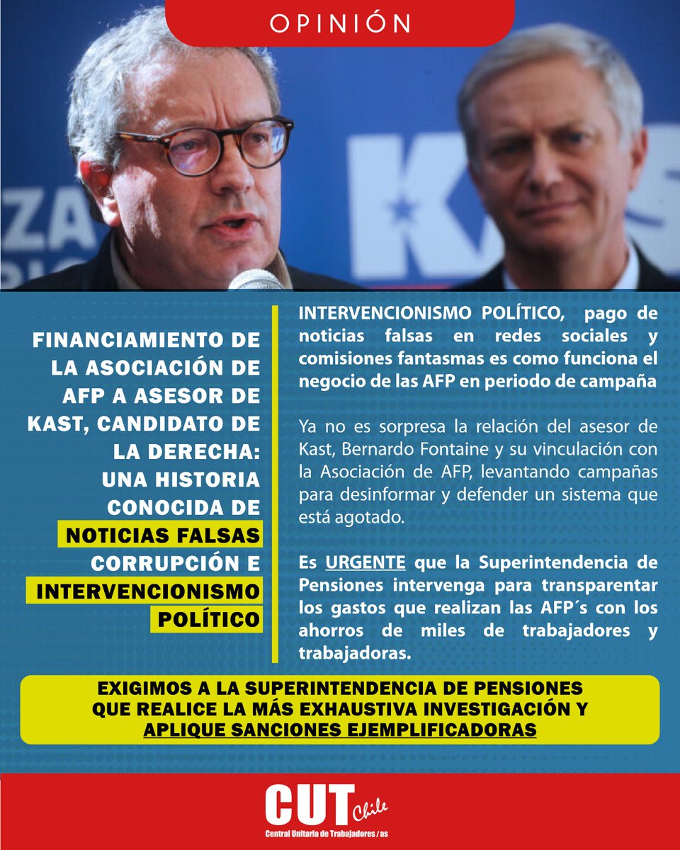 Financiamiento de la asociación de afp a asesor de Kast, candidato de la derecha: una historia conocida de noticias falsas  corrupción e intervencionismo político
Intervencionismo Político,  pago de noticias falsas en redes sociales y comisiones fantasmas es como funciona el