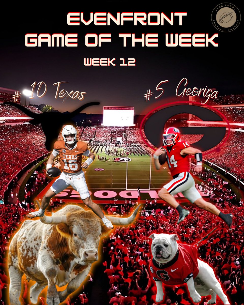 Evenfrontcfb's tweet photo. Longhorns🐂 V. Bulldogs 🦴
-6.5 Spread (Georgia)

Can Texas keep their playoff Hopes alive?
Can Georgia get a must win for a potential SEC championship appearance?

#Georgiafootball #texaslonghorns #CollegeFootballPicks https://t.co/ejx665VV9r