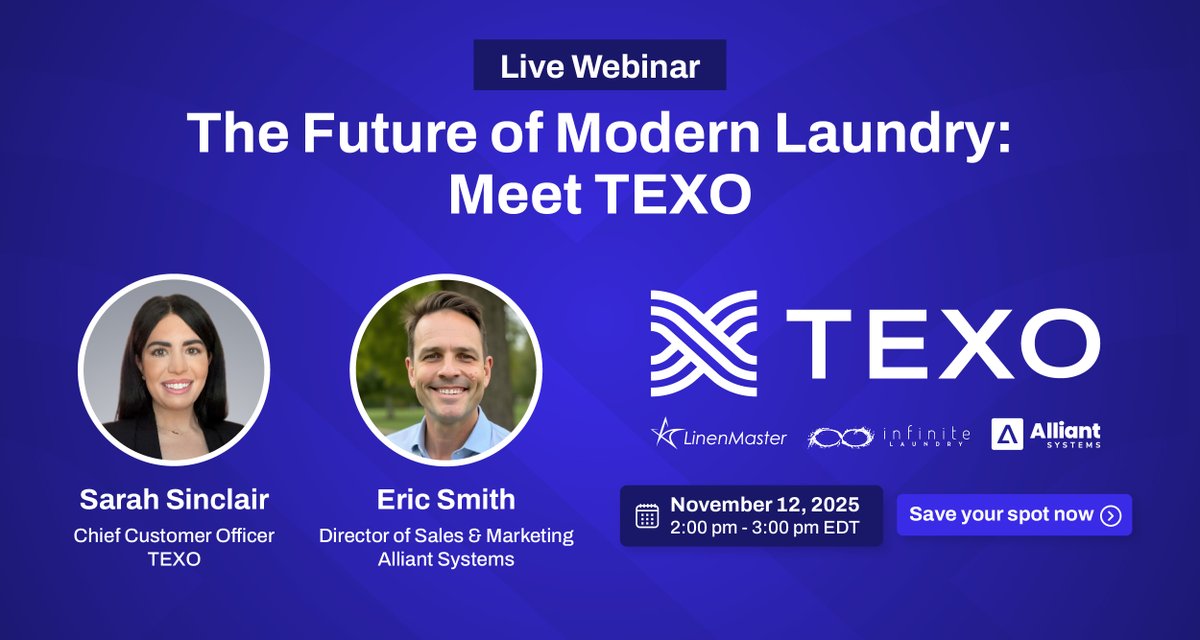Join us for #TRSA webinar with Sarah Sinclair &amp; Eric Smith, to explore how #TEXO is shaping the future of the textile rental industry. This session will uncover how innovation, data &amp; technology are redefining the modern laundry experience! Register now! bit.ly/3LHjeLj