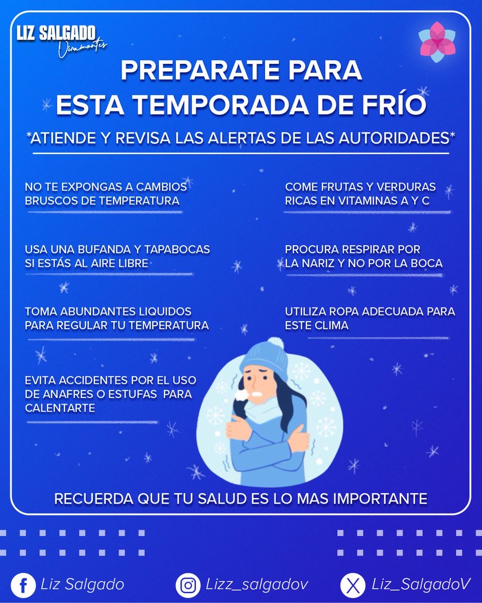Hay que estar listas y listos para estas temporadas de frío. 
Además de estar pendientes de lo que informan las autoridades, les comparto algunos puntos que podemos seguir para cuidarnos.