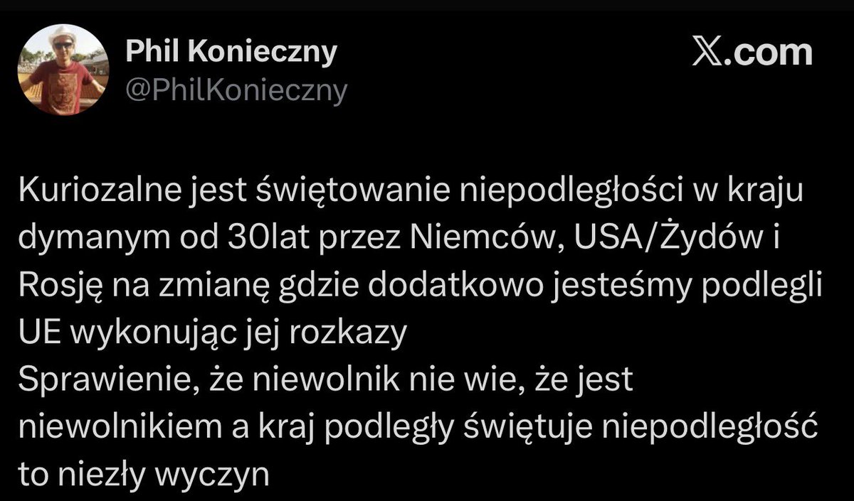 MarekPorwol's tweet photo. Trzeba mu przyznać częściowo ma rację. 

Faktycznie, Polska nie jest całkowicie niezależna, bo w dzisiejszym świecie żadna gospodarka ani państwo nie działają w próżni. Mamy swoje sojusze, interesy i zależności tak samo jak USA, Niemcy czy Francja. Ale różnica między współpracą a podległością jest ogromna.

Problem w tym, że niektórzy lubią to sprzedawać jako zniewolenie, bo taki przekaz się lepiej klika. I właśnie w tym Phil jest mistrzem wie, jak rozkręcić gównoburzę, jak rzucić hasło, które podpali komentarze i da mu zasięgi.

Tylko że to już nie jest żadna misja ani edukacja. To teatr dla algorytmu.
Mentoring z obietnicami 5x chyba się nie sprzedaje, więc trzeba było wrócić do starego przepisu prowokacja, kontrowersja, chaos.

A najśmieszniejsze w tym wszystkim jest to, że część ludzi przyklaskuje, bo ma pieniądze, więc pewnie ma rację.

Nie. Bogactwo nie daje monopolu na mądrość. Czasem wręcz odwrotnie im większe ego, tym mniejsza refleksja.