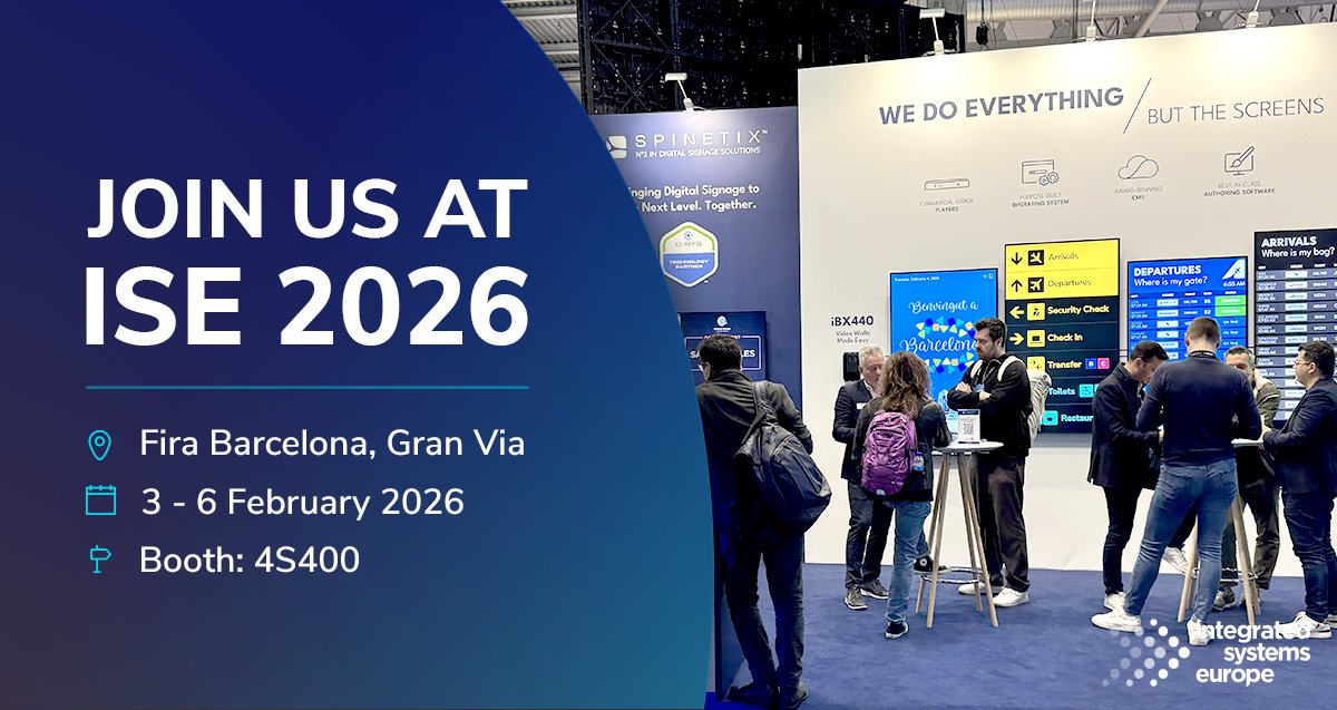 Join us at our #ISE2026 booth #4S400 this February in #Barcelona! Experience the SpinetiX Complete Solution featuring our award-winning #DigitalSignage as a #Service (#DSaaS) offering.  <a href="/ISE_Show/">ISE</a> 
 #AVTweeps #ProAV #ISEshow #AVIndustry