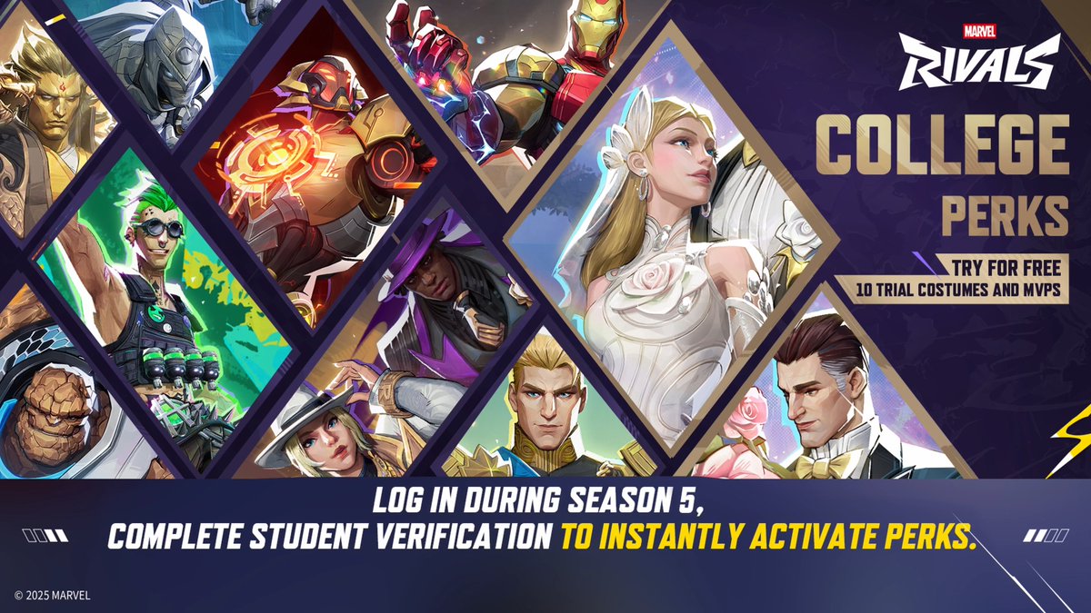 mmmmmmmmiller's tweet photo. ‼️ COLLEGE STUDENT COSTUME ROSTER UPDATED

The selection of free costume trials available as part of the College Student Perks is rotating at the start of Season 5 on Friday, November 14th. Students will need to verify their e-mails again to qualify. #MarvelRivals https://t.co/oAdcEb8DVi