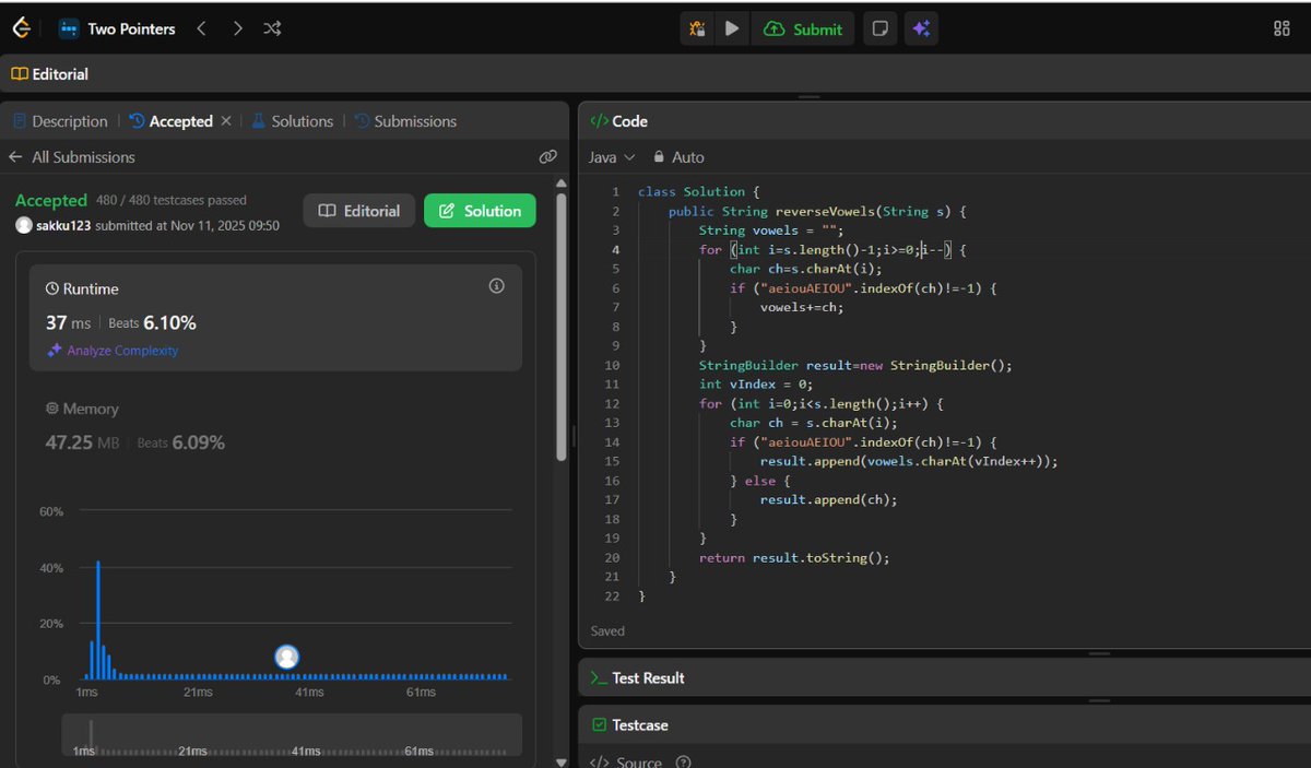 sam1368296's tweet image. Day 57 of #100daysofleetcode&quot;Solved SmallestDivisor and ReverseVowels challenges on LeetCode! Used binary search to find the smallest divisor and two-pointer technique to reverse vowels in a string. #LeetCode #coding #algorithms&quot;
