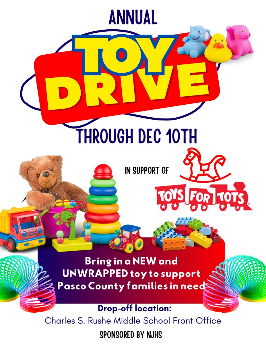 rushemiddle's tweet image. 🎁✨ NJHS Toy Drive is ON! ✨🎁
Help us spread joy this season by donating new, unwrapped toys for children in need. Every gift makes a difference and brings a smile to a child’s face!