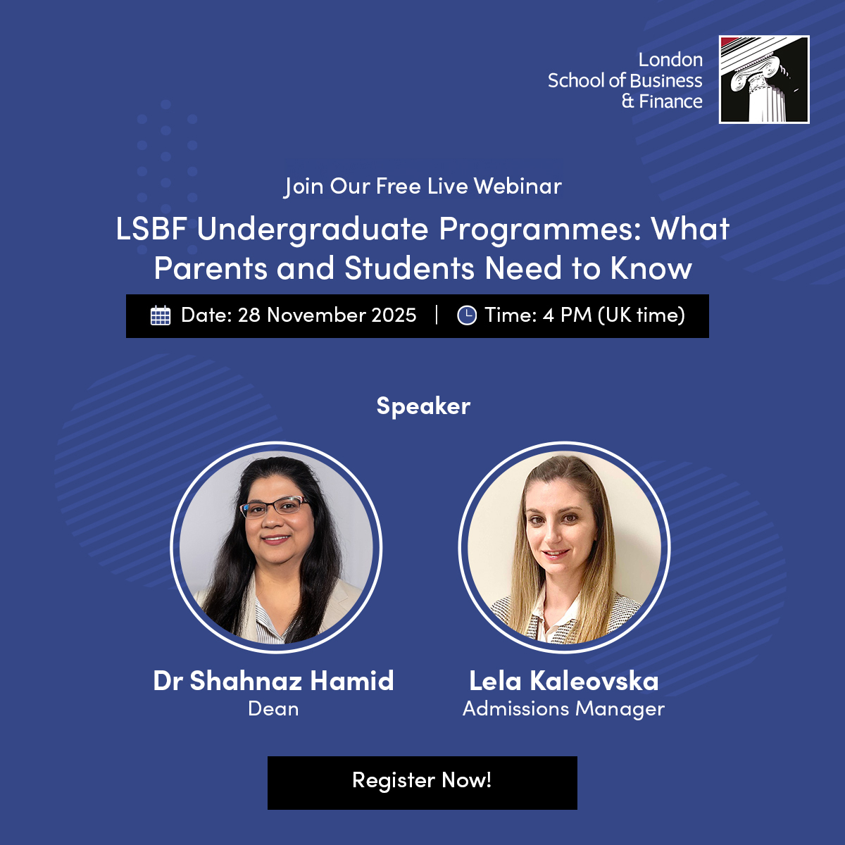 Considering an undergraduate degree in Business or Finance? 
Join LSBF’s free webinar with Dr Shahnaz Hamid &amp; Lela Kaleovska 
💬 Learn about undergraduate courses, structure, fees &amp; career outcomes.

👉 Register now: [attendee.gotowebinar.com/register/73546…] 

#LSBF #UGProgrammes