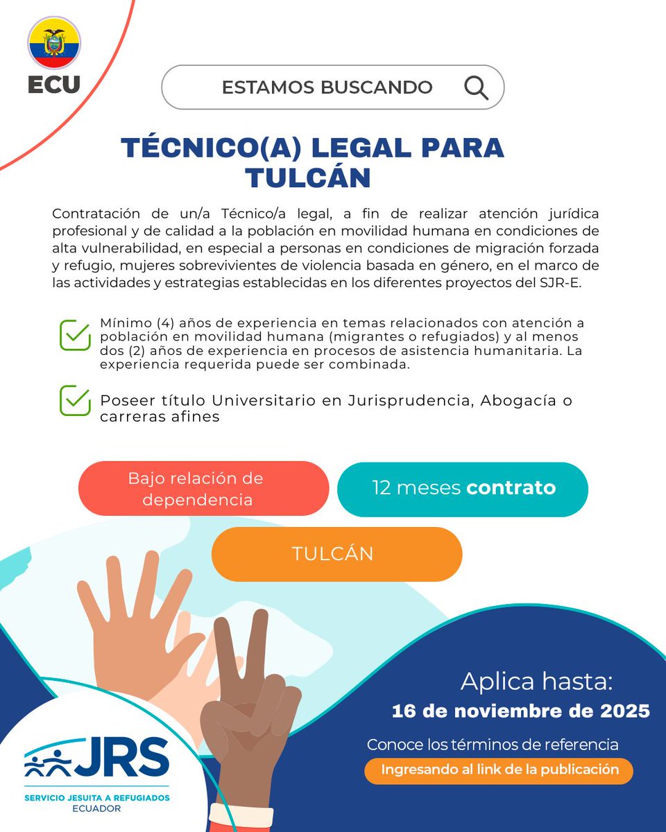 #Convocatoria 🇪🇨| Técnico(a) Legal Territorio Tulcán
🗒Revisa los Términos de Referencia: acortar.link/AgV8LJ
⏰Envío de propuestas hasta: domingo, 16 de noviembre 2025, 18:00.