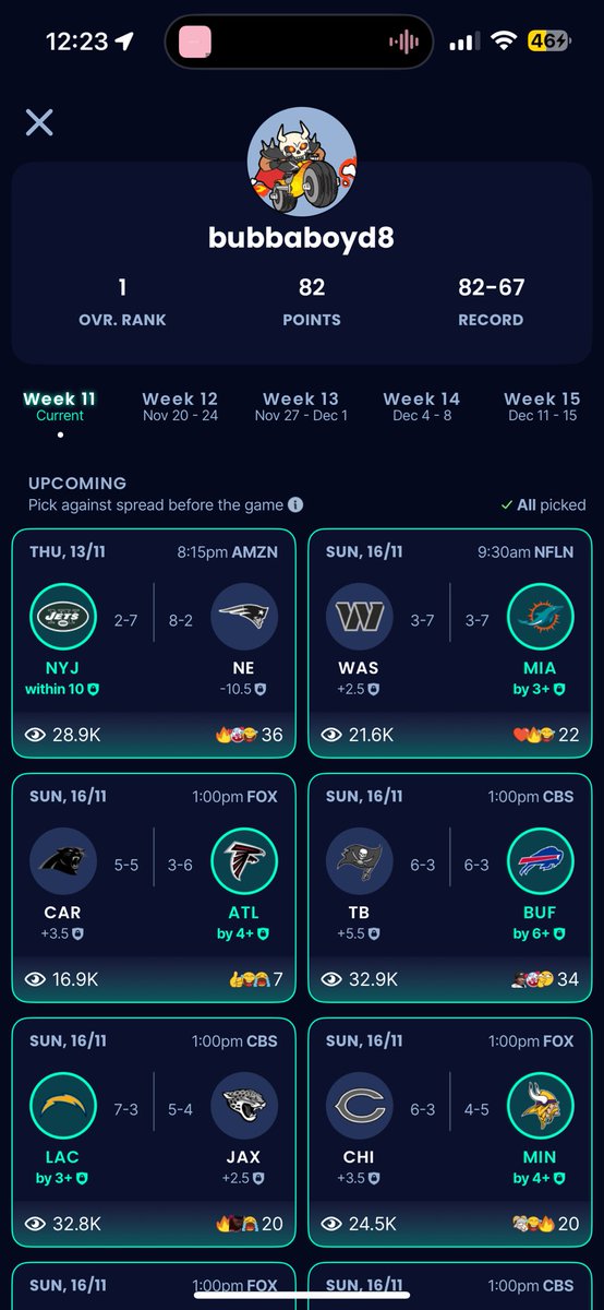 Bubba_boyd's tweet photo. @BarstoolBigCat @stoolgambling @Barstoolpickem if you want winners let me know. Ya boy has been on fire this season. Picks are based on spread not money line. https://t.co/Jf9FEoezg5