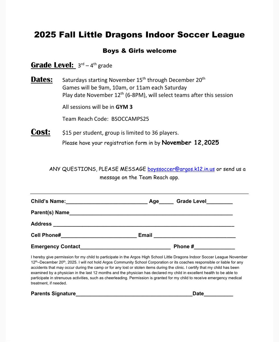 PARENTS!!! 

Sign your 3/4th grader up for our 2025 Little Dragons Indoor League! 🐉