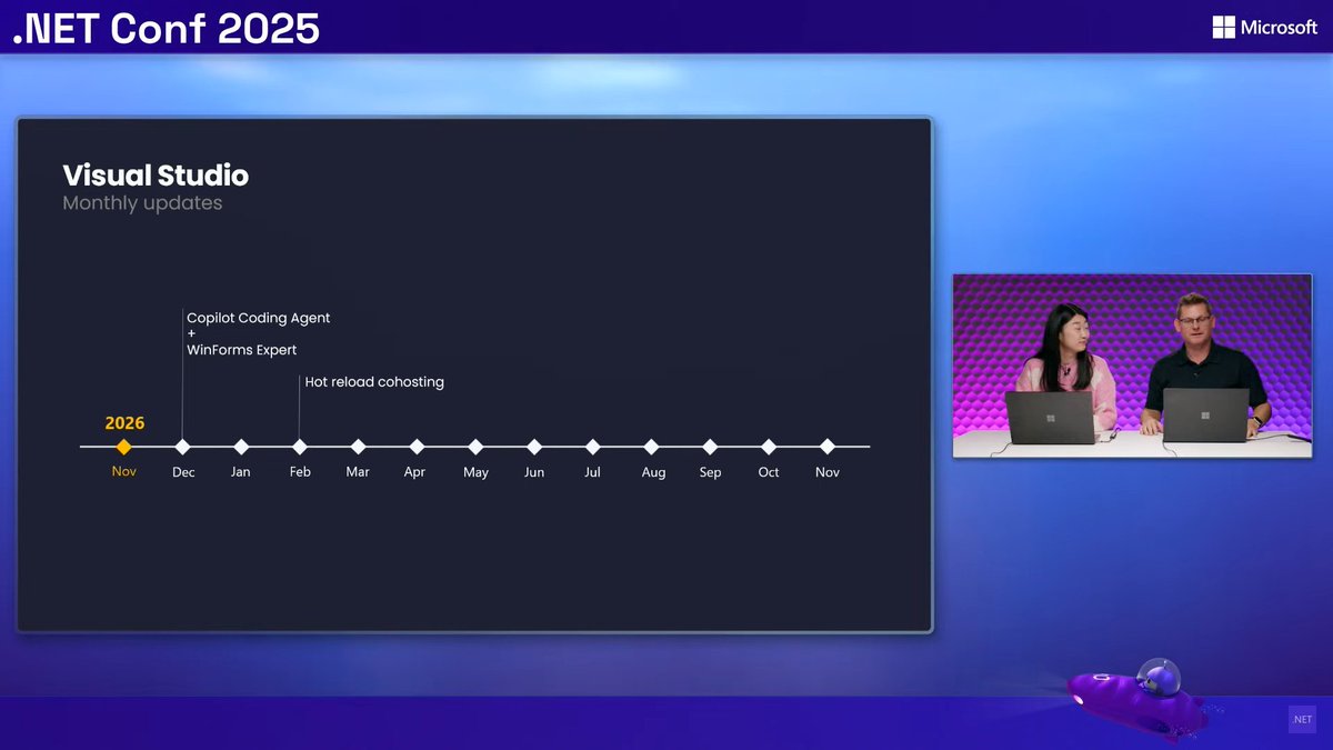 CHBernasconiC's tweet image. Visual Studio will ship monthly (stable) updates. Instead of quarterly updates as previously. #dotNETConf