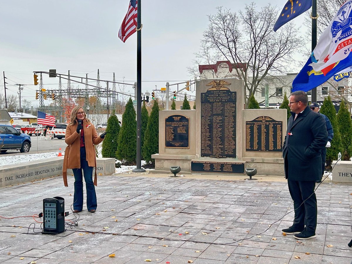 I had the honor of speaking at the #VeteransDay ceremony in downtown Noblesville with American Legion Post 45, VFW Post 6246 Ralph Lehr, Noblesville Police Department, Representative <a href="/ShonkwilerIN29/">Alaina Shonkwiler</a>, and community members to honor and thank veterans in our community for their