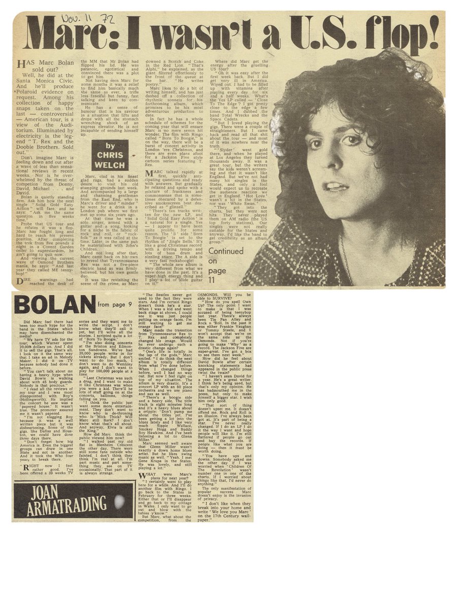 T.Rex: “Marc: I Wasn't a U.S. Flop!", article in Melody Maker, November 11, 1972.