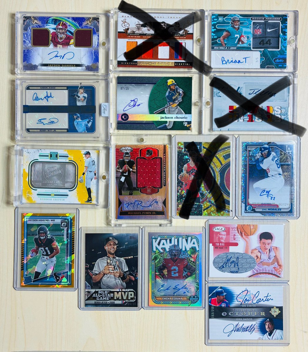 MoneyTM1's tweet photo. Some raw cards available for sale!! Throw some offers let’s make some deals!!!

Jayden /63, BTJ /5, Judge+Witt /32, chourio /15, Konnor /25, Penix /275, morales /299, Higgins /10, Jeter /10, Emeka /150, Yao /125, Carter+smoltz /250 https://t.co/w3OVsvpn3f