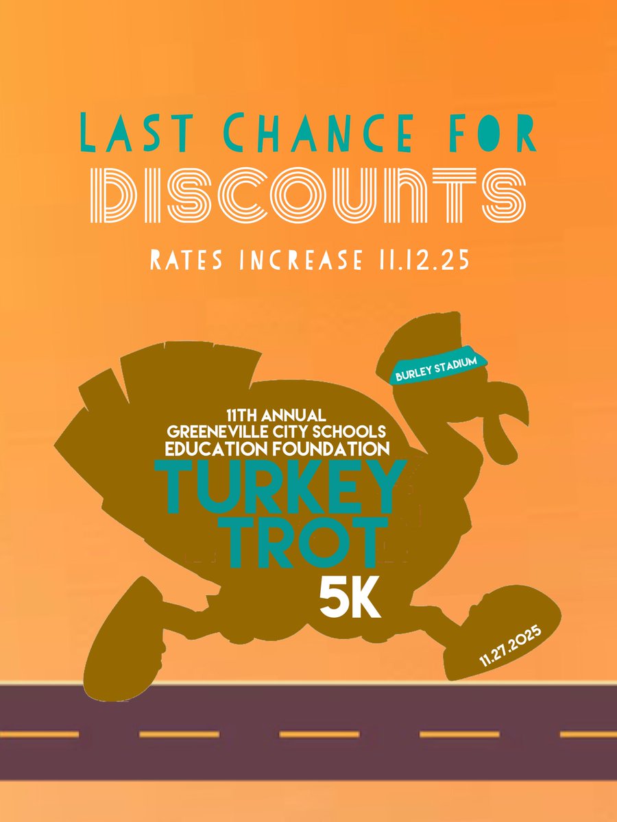 gcsedufoundatn's tweet photo. Early registration ends tonight 11.11.25! Register today to be guaranteed a race day shirt and join us on Thanksgiving morning at 8am, Burley Stadium! 

https://t.co/wk0f5mjX17
@GreeneSun @GreenevilleTown @GreenevilleCity @WGRVnews https://t.co/IhzNXjqkzO