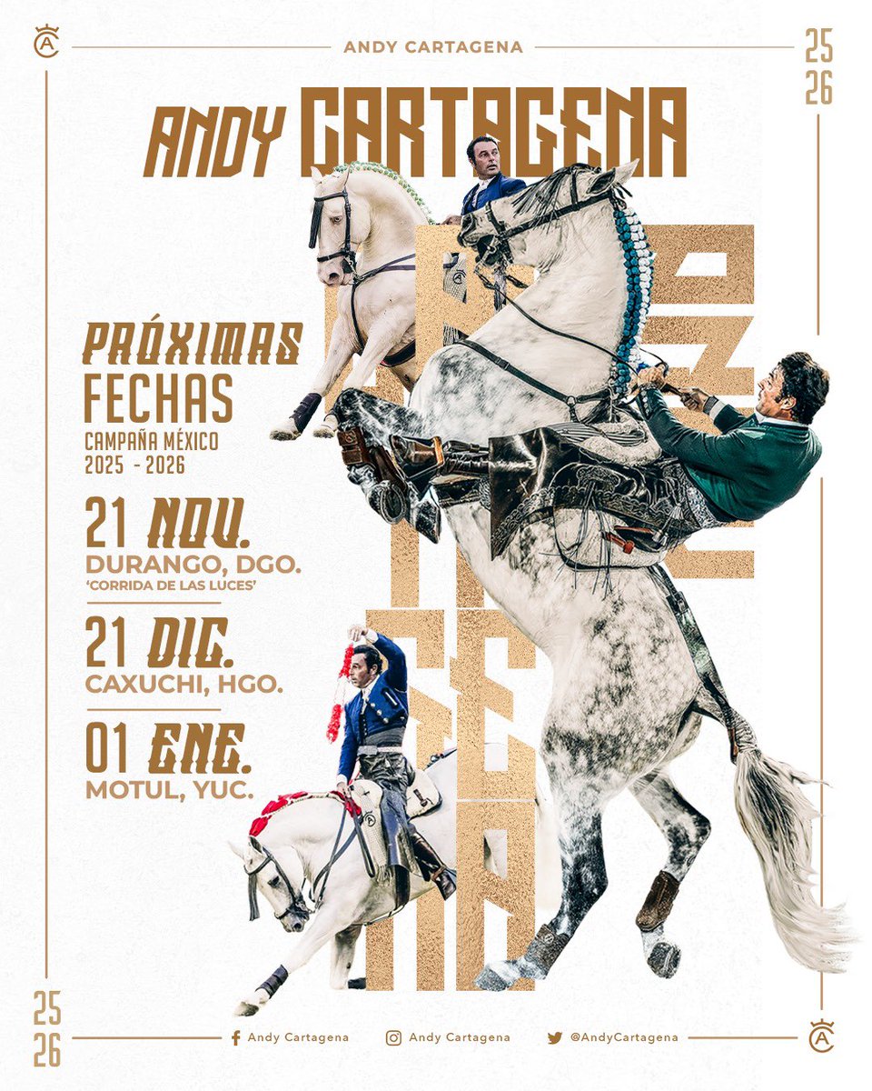 Después de sus puertas grandes en Lerdo y Monterrey continúan los compromisos del rejoneador Español Andy Cartagena. 🔥

Campaña México 2025 - 2026 👊