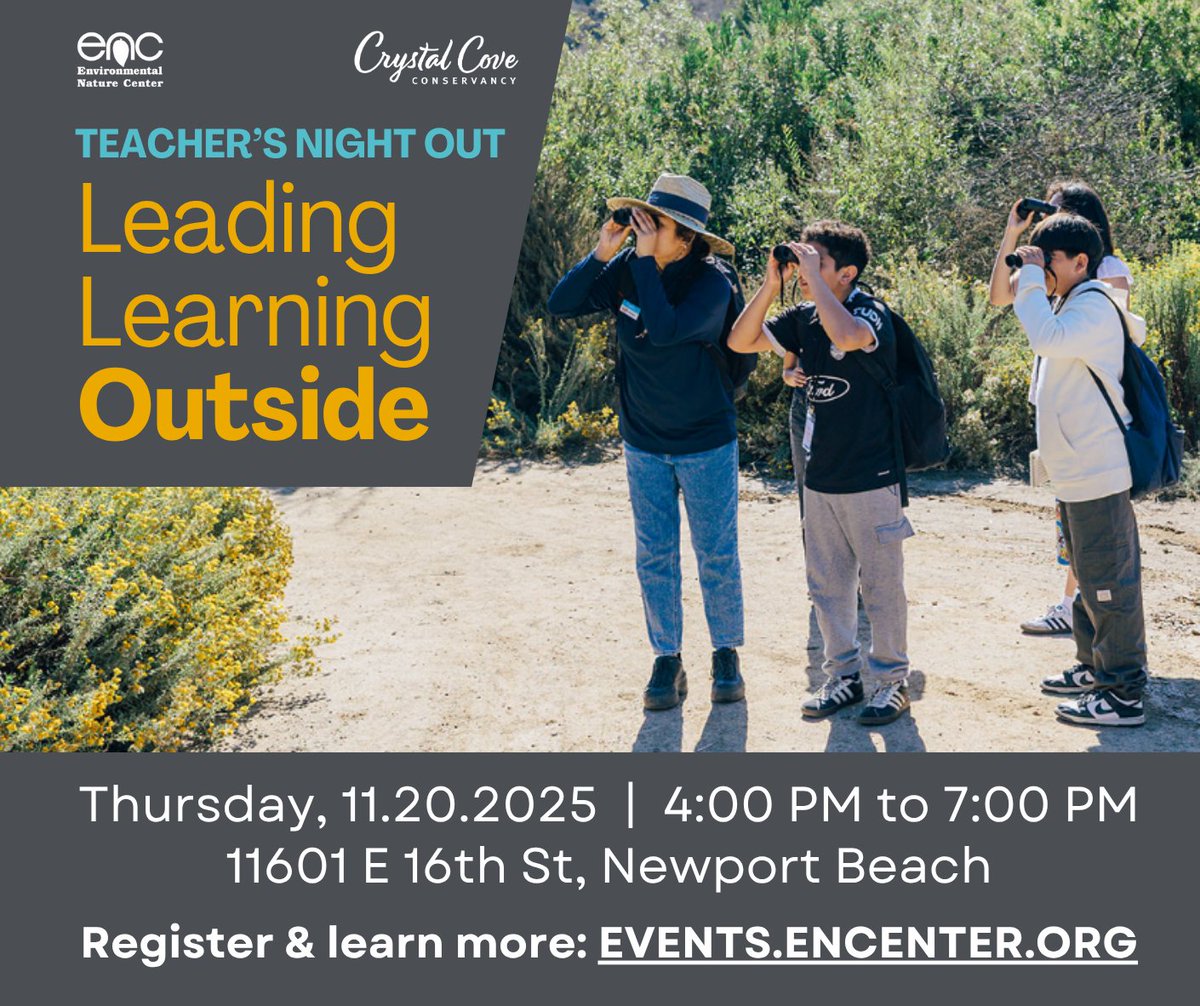 CCConservancy's tweet image. 🍎 K–12 teachers—this night is for you! Join us Nov 20 at the Environmental Nature Center for Teachers Night Out: Leading Learning Outside 🌿Explore strategies for outdoor teaching, then relax with dinner, wine &amp;amp; s’mores by the campfire! 🍷🔥
👉 Register: crystalcove.org/event/teachers…