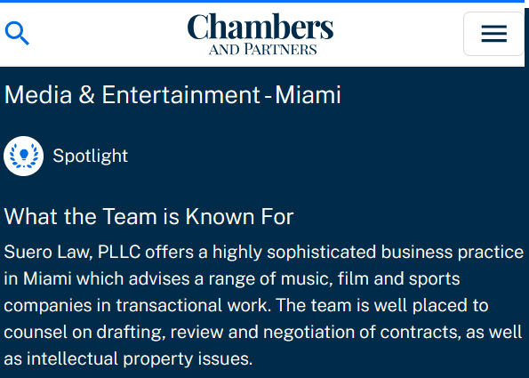 suerolaw's tweet photo. Chambers and Partners has again ranked #SueroLaw, PLLC as a Spotlight law firm for #Media &amp; #Entertainment, as an outstanding boutique and mid-size #lawfirm that delivers partner-level attention, deep regional knowledge, and cost-effective solutions for sophisticated legal work. https://t.co/zsbmlFHYXy