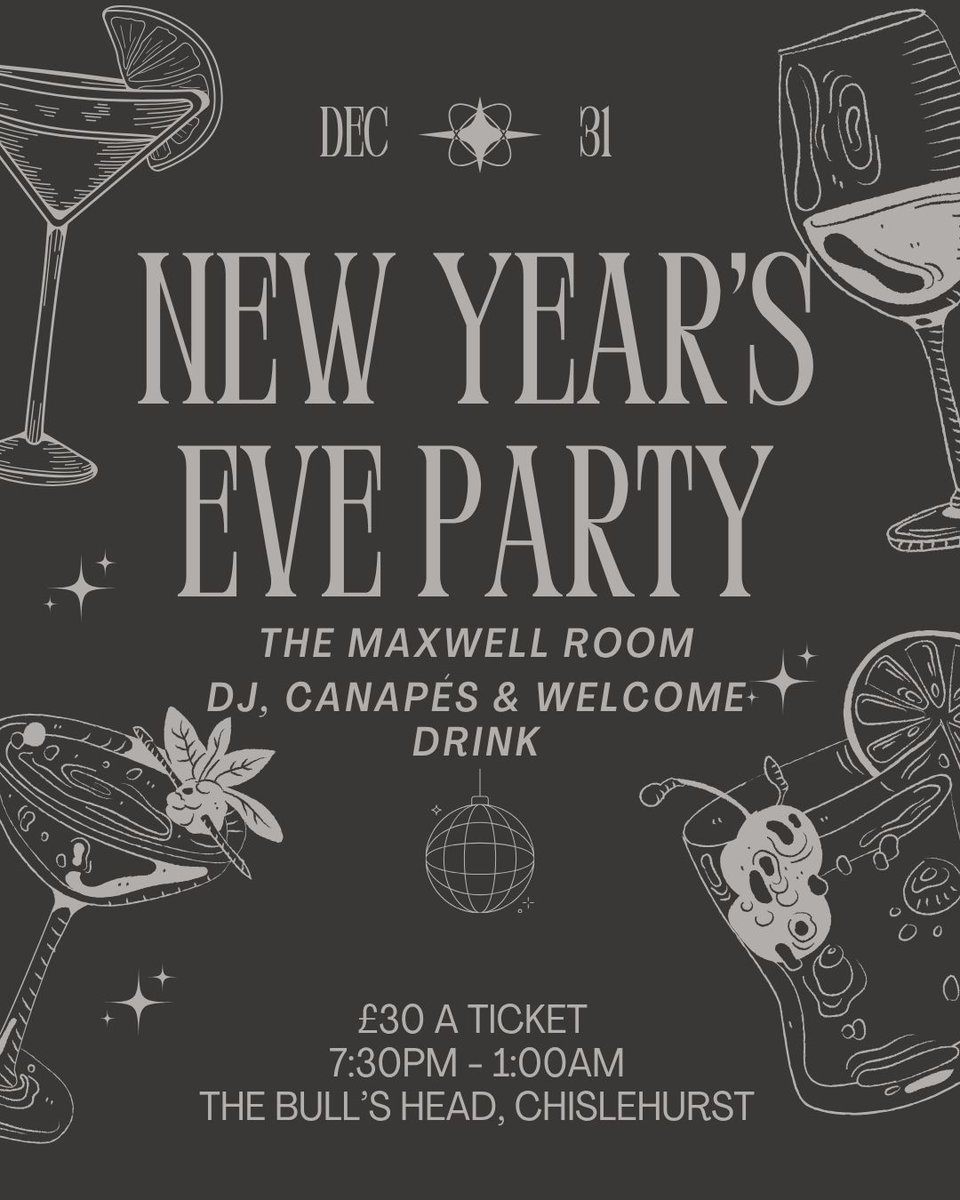 We’re counting down to 2026 the
only way we know how — with drinks, dancing, and
plenty of fun 🎧🍸

Our New Year’s Eve Party kicks off at 7:30PM in The
Maxwell Room — £30 a ticket for a welcome
drink, canapés, and a cracking night out.

Tickets on our website.

<a href="/YoungsPubs/">Young's Pubs</a>