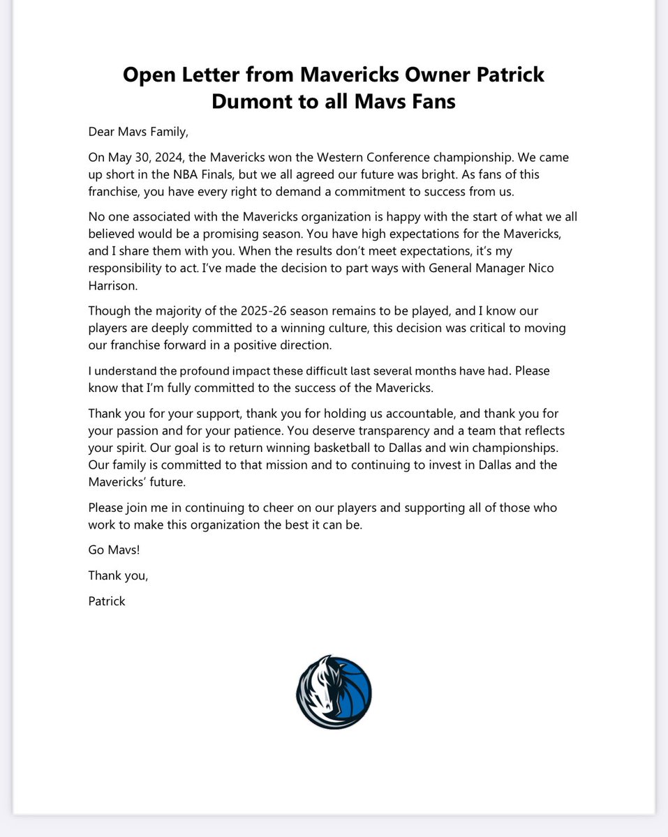 BannedMacMahon's tweet photo. Patrick Dumont in letter to fans: “I understand the profound impact these difficult last several months have had. Please know that I’m fully committed to the success of the Mavericks.” https://t.co/MjqModl5QG