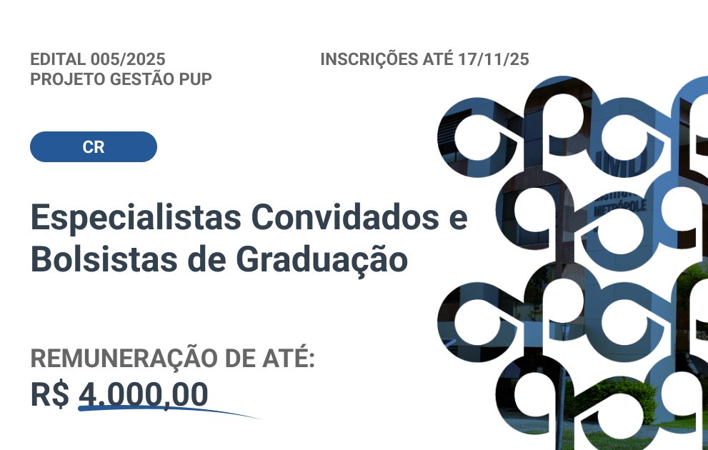 #EditaisIMD

🔹Abrimos seleção para cadastro de reserva de pesquisadores e estudantes de TI no projeto GestãoPUP, que usa IA e Visão Computacional para apoiar a gestão de PUPs.
🔹Bolsas de R$ 2 mil a R$ 4 mil | 10h ou 20h semanais
🔹Inscrições até 17/11