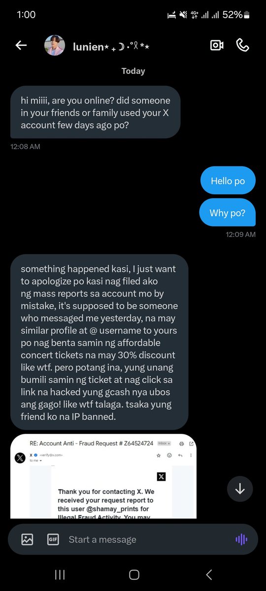 shamay_prints's tweet photo. Hello, friends and our dear customers!
Posting it here to spread awareness ‼️
Kindly help us to retweet 🙏🏻

If someone message you just like in the screenshots, please do not interact and block them.

Don't message or send a friend request on Discord to this account " xdanielsupportofficial " to avoid hacking of your accounts. 

We also want to be clear that our accounts are only 2. This, our main account (@shamay_prints) and our back-up account (@shamayprints). We only do printing services, not ticket selling. 🤣😭

Please, stay safe, everyone. ‼️

P.S. Hindi po namin alam kung yung may ari pa ba nung account na ito is same ng nakatransact namin wayback 2022 kung saan nag-sstart palang yung printing ssrvices namin or hacker na itong nakausap namin. If ever na ka-moots nyo po yung real owner ng account na ito @itsbght_lover sa iba nya pang account, kindly reach them nalang po na ginagamit na yung account niya for this. 😔