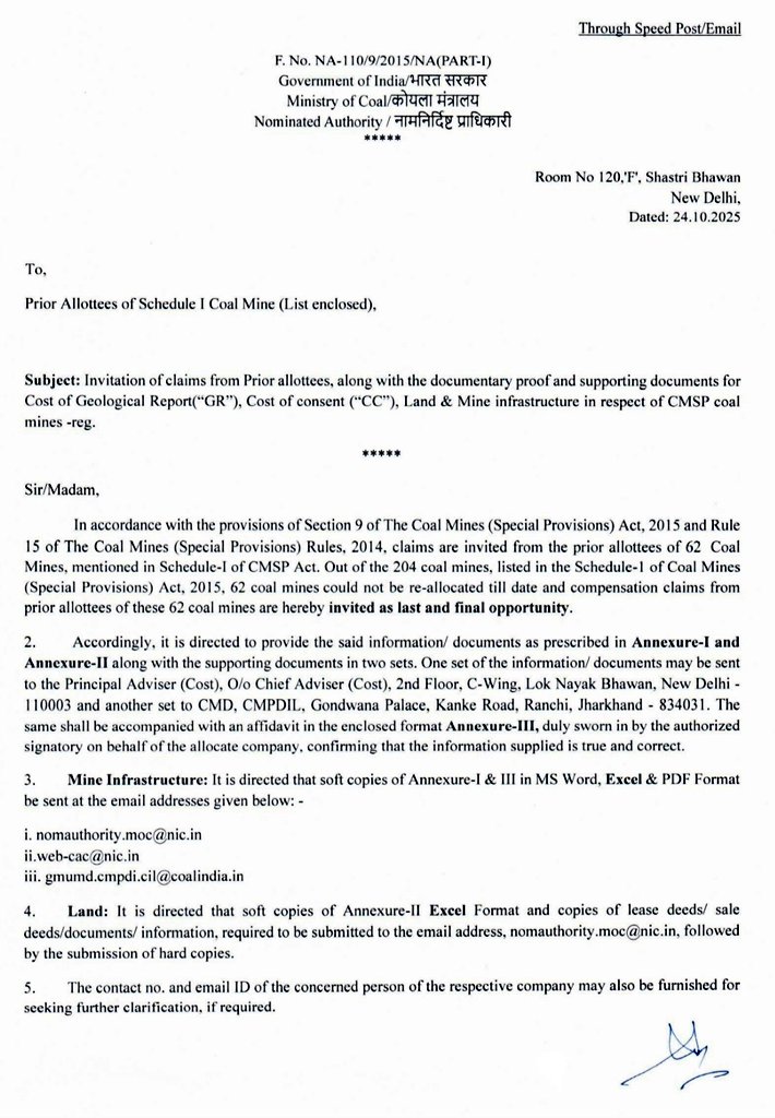 h_pongilath's tweet photo. Invitation of claims from Prior allottees, along with the documentary proof & supporting documents for Cost of Geological Report("GR"), Cost of Consent("CC"),Land & Mine infrastructure in respect of CMSP coal mines: -
#Coal #Coalblock #Coalmines
(1/3) https://t.co/R8aLo09fk1