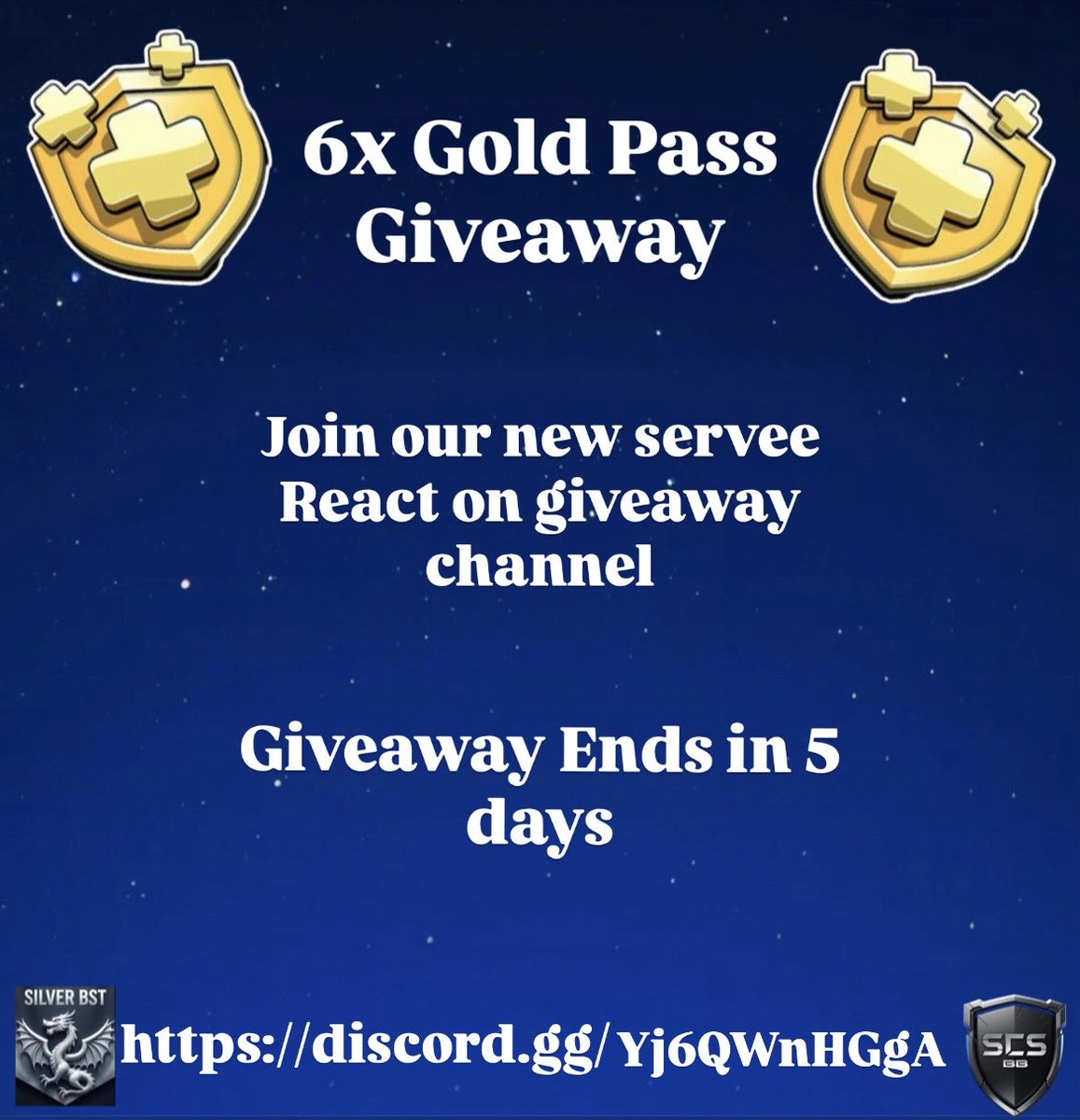 6x Gold Pass giveaway on our 2nd Server

Rules-
1. Tag 3 friends
2. Repost
3. Join discord and react on giveaway post

Server link - discord.gg/Yj6QWnHGgA

End in 5 days♥️
#ClashOfClans #LegendLeague #ClashRoyale #Supercell